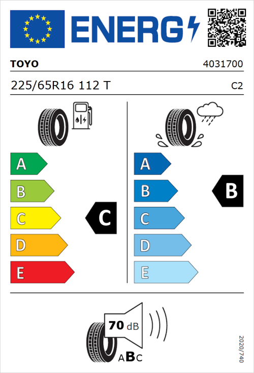 Tyre Label for Toyo Neva 225/65R16 112T