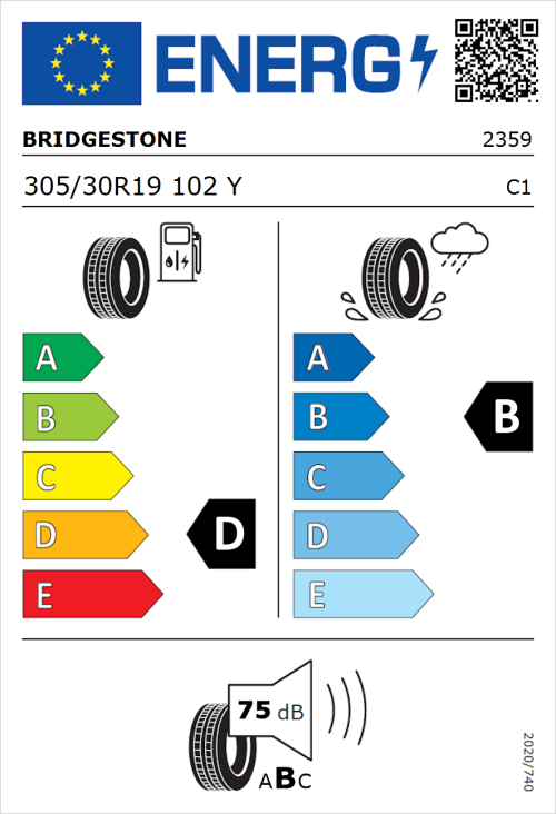 Tyre Label for Bridgestone Potenza RE050A 305/30R19 102Y